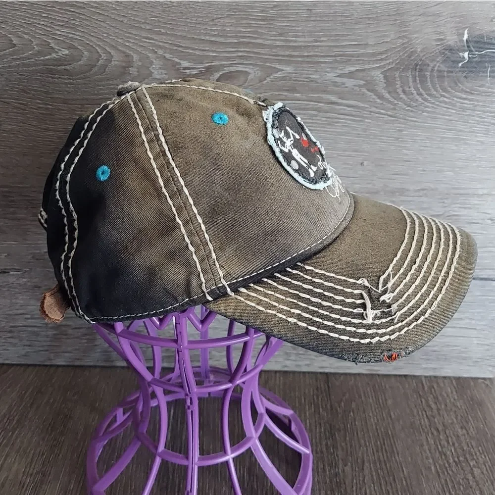 Vintage True Religion Distressed Embroidered Black Beard Flag Hearts Hat